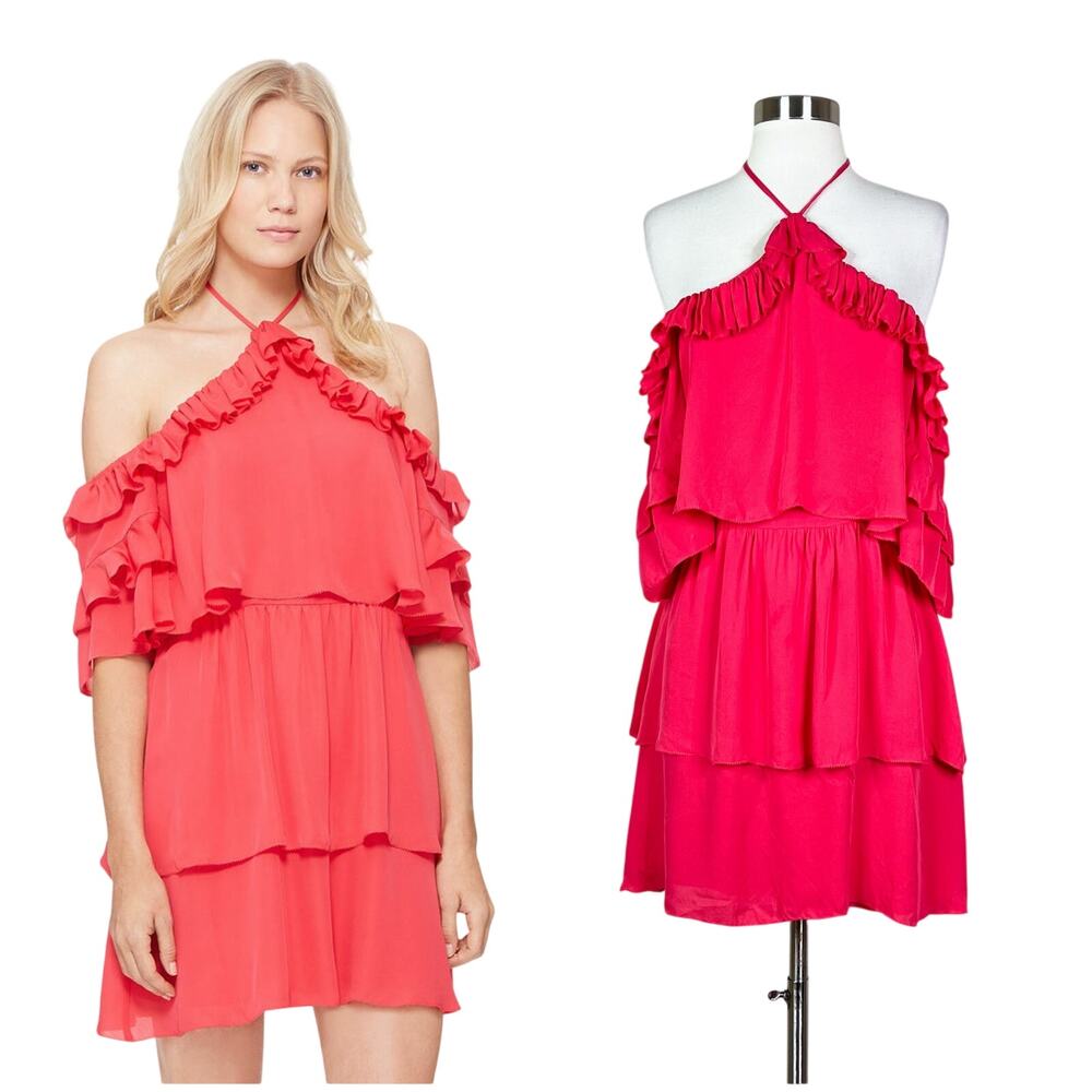 Parker | Silk Lorenza Ruffle Coral Pink Tiered Halter Off Shoulder Mini Dress 2
